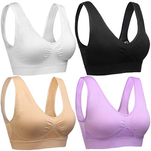 wealsex Damen Seamless Atmungsaktiv Mesh Sport Yoga BH Bügellos Bequemer täglicher BH Große Größe BHS (4er-Pack:Schwarz+Weiß+Beige+Violett,5XL) von wealsex