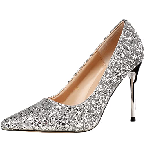 wealsex Glitzer High Heels Schuhe Spitzzehen Hochzeit Evening Party Bridal Dress Shoes Pumps (Silber,43) von wealsex