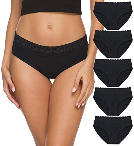 Baumwollhöschen für Frauen Bikini Unterwäsche Hipster Unterhose Spitze Slip Pack, Schwarze Baumwollunterwäsche, M von Wealurre