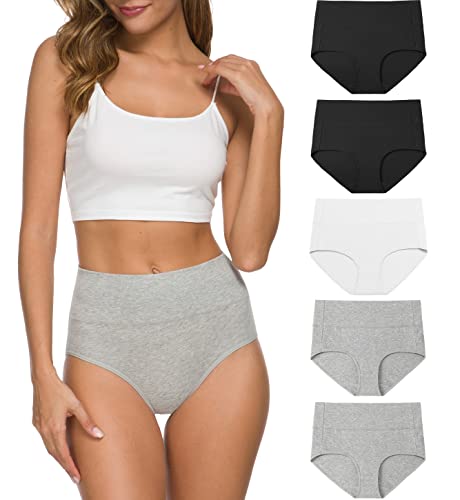 Damenhöschen, hohe Taille, Baumwolle, C-Abschnitt, Unterwäsche, volle Abdeckung, Slip, Bauchkontrolle, Höschen, Unterhose, Multipack, 5 Stück, Blackgraywhite, 38 von Wealurre