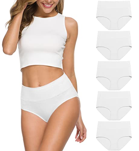 Wealurre Unterhosen Damen Baumwolle Unterwäsche Hohe Taille High Waist Slip Damen Weich Wochenbett Unterwäsche Frauen 5er Pack (1002 White, XL) von Wealurre