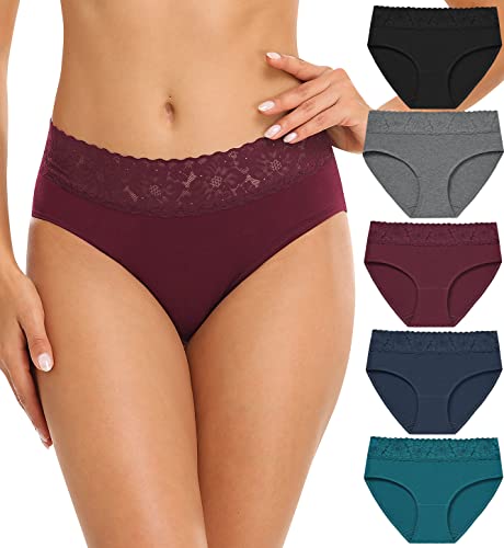 Wealurre Damen Unterhosen Spitze Slip Baumwolle Hipster Damen Höschen Unterwäsche Frauen im 5er Pack, Dunkle Farbe,XL von Wealurre