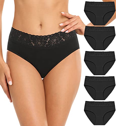 Wealurre Damen Unterhosen Spitze Slip Baumwolle Hipster Damen Höschen Unterwäsche Frauen im 5er Pack, Schwarz, S von Wealurre