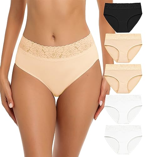 Wealurre Damen Unterhosen Spitze Slip Baumwolle Hipster Damen Höschen Unterwäsche Frauen im 5er Pack (L, Schwarzer weißer Hautton) von Wealurre