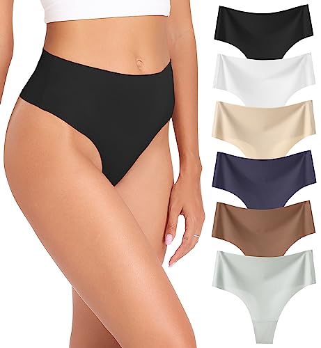 Wealurre Tanga Damen String Seamless Slips Damen High Waist Unterwäsche Nahtlose Unsichtbarer Unterwäsche Frauen Mehrpack 6er Pack,schwarz weiße Haut grau braun dunkelblau,L von Wealurre