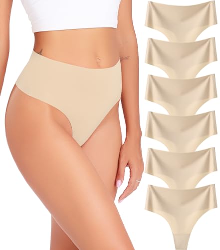 Wealurre 6er Pack Tanga Damen String Seamless Slips Damen High Waist Unterwäsche Nahtlose Unsichtbarer Unterwäsche Frauen Mehrpack XS-XL,Haut,S von Wealurre