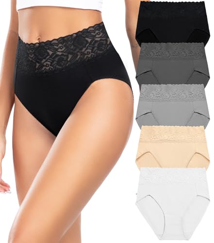 Wealurre Unterhosen Damen, Unterwäsche Frauen Baumwolle Hohe Taille Slip Damen Unterwäsche Spitze 5er Pack (6005,Grey,M) von Wealurre