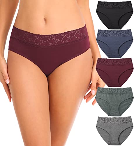 Wealurre Unterhosen Damen Baumwolle Unterwäsche Frauen Spitzen Bequeme Hipster Unterwäsche Damen Slip Mehrpack,Dunkle Farbe,M von Wealurre