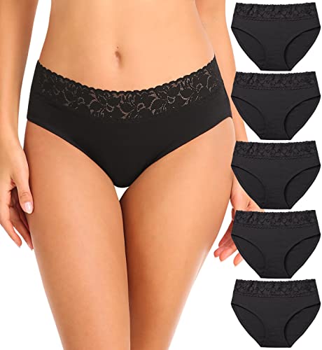 Wealurre Unterhosen Damen Baumwolle Unterwäsche Frauen Spitzen Bequeme Hipster Unterwäsche Damen Slip Mehrpack,Schwarz,L von Wealurre