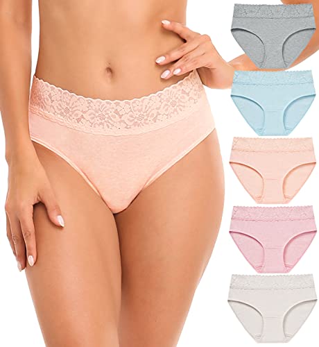 Wealurre Baumwolle Unterwäsche Frauen Spitze Bund Volle Slips Damen High Leg Knickers für Frauen Weiche Stretch Höschen Multipack 5, Helle Farbe, 38 von Wealurre