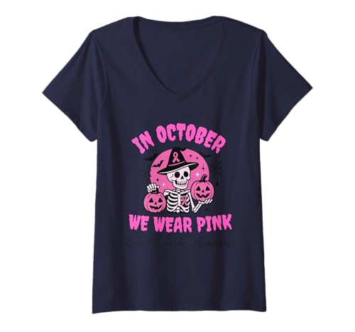 Damen In October We Wear Pink Breast Cancer Skeleton Halloween T-Shirt mit V-Ausschnitt Damen In October We Wear Pink Breast Cancer Skeleton Halloween T-Shirt mit V-Ausschnitt von Wear Pink Ghost Halloween Breast Cancer Tees