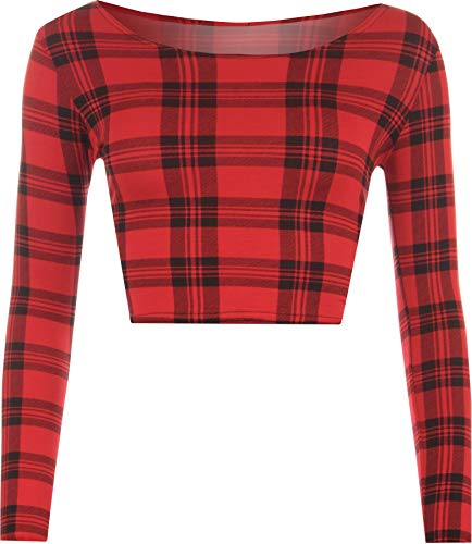 Damen-T-Shirt, kurz, langärmelig, Rundhalsausschnitt, Gr. 34-42 Gr. 34-36, Rotes Tartan-Muster von WearAll