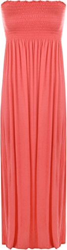 WearAll Bandeau-Maxikleid für Damen, Übergröße, trägerlos, gerafft, lang, Größe 42-50, Coral, 46-48 von WearAll