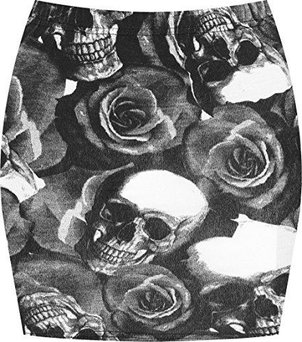 WearAll - Damen Bedruckt Dehnbar Jersey Figurbetontes Kurz Mini-Rock - Skull Roses - 40-42 von WearAll