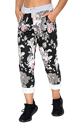 WearAll Damen Blumen Print Kordelzug Elastische Hosen Damen Jogginghose Hosen Hosen 36-50, Große Rose Schwarz, 46-48 von WearAll