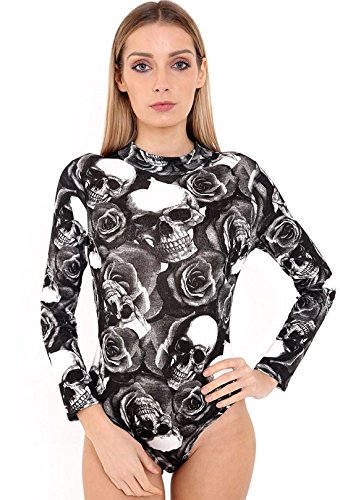 WearAll Damen Body mit Rollkragen, langärmelig, Stretch, Größen: 36 - 42 (UK-Größen: 8 - 14) Gr. 40, Totenkopf Rose von WearAll