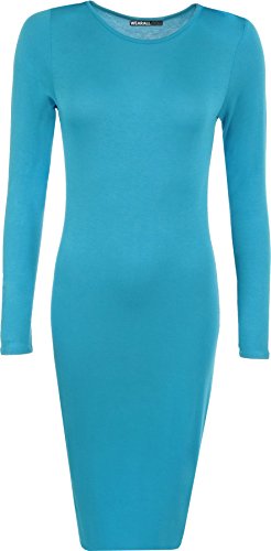 WearAll - Damen Bodycon Elastisch Schmucklos Dress Lange Ärmel Rundhalsausschnitt Midi Kleid - Türkis - 36/38 von WearAll