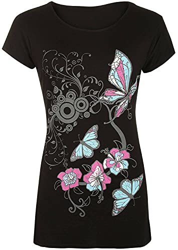 WearAll - Damen Buttefly Drucken Kurzarm-T-Shirt Baggy Top - Schwarz - 48-50 von WearAll