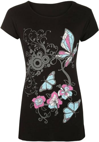 WearAll - Damen Buttefly Drucken Kurzarm-T-Shirt Baggy Top - Schwarz - 52-54 von WearAll