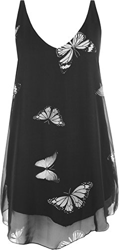 WearAll - Damen Chiffon Schmetterling Druck Liniert Ärmellos Tauchen Saum Weste Top - Schwarz - 50-52 von WearAll