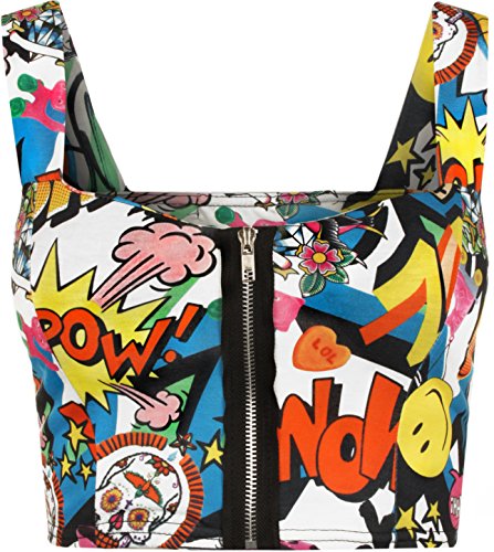 WearAll - Damen Comic Print Zip Short Boobtube Bralet Crop Top - Comic - 36-38 von WearAll