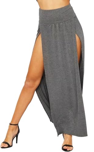 WearAll Damen Double Split Maxi Lange Rock Damen Nur Zwei Grundlegende Seite Schlitz - Dunkelgrau - 36-38 von WearAll