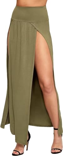 WearAll Damen Double Split Maxi Lange Rock Damen Nur Zwei Grundlegende Seite Schlitz - Khaki - 40-42 von WearAll