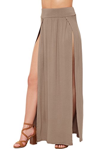 WearAll Damen Double Split Maxi Lange Rock Damen Nur Zwei Grundlegende Seite Schlitz - Mokka - 36-38 von WearAll