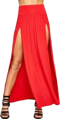 WearAll Damen Double Split Maxi Lange Rock Damen Nur Zwei Grundlegende Seite Schlitz - Rot - 40-42 von WearAll