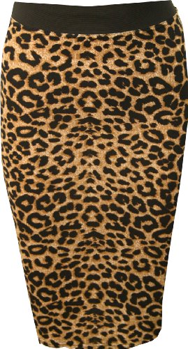 WearAll - Damen Druck Elastisch Bund Figurbetontes Midi-Rock - Braun Leopard - 40-42 von WearAll