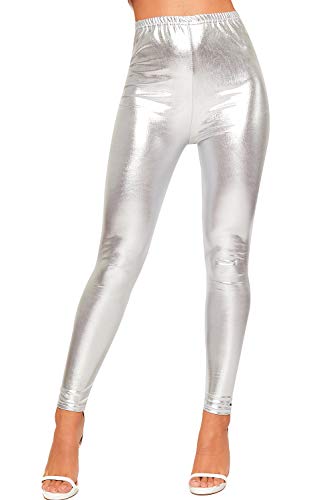 WearAll - Damen Glänzend Metallisch Druck Hoch Tailliert Disko Hose Leggings Damen Strecke - Silber - 36-38 von WearAll