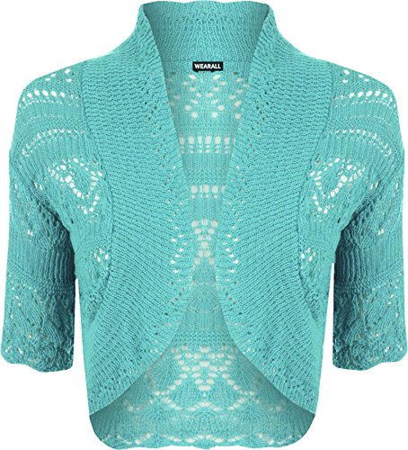 WearAll - Damen Häkeln Strick Kurzarm Bolero Cardigan - Türkis - 44-46 von WearAll