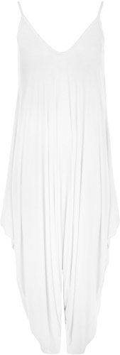 WearAll Lagenlook Harem Overall für Damen, mit Spaghettiträgern, Kleid, Hemd und Hose, Strampelanzug, 34–44, weiß, 34-36 von WearAll