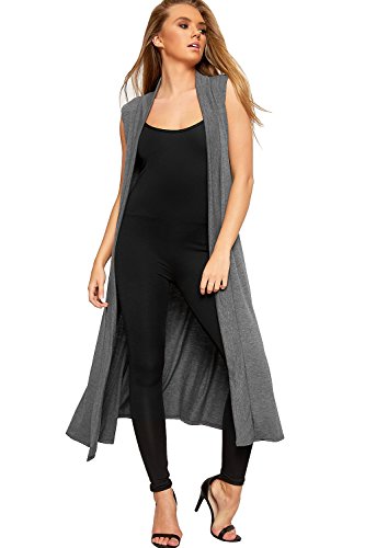 WearAll - Damen Lang Maxi Geöffnet Ärmellos Top Jacke Kragen Ebene Strickjacke - Dunkelgrau - 40-42 von WearAll