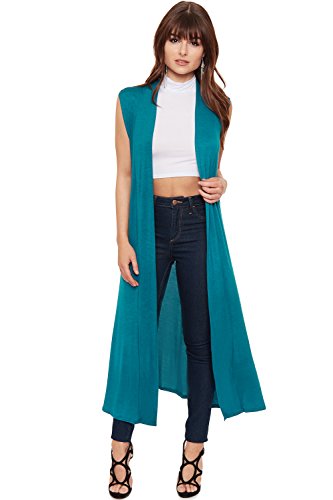 WearAll - Damen Lang Maxi Geöffnet Ärmellos Top Jacke Kragen Ebene Strickjacke - Teal - 40-42 von WearAll