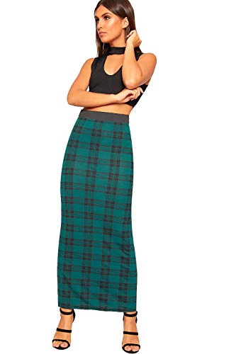 WearAll - Damen Multi Druck Elastische Hoch Taille Strecke Maxi Lang Rock Damen Neu - Grüne Tartan - 36-38 von WearAll