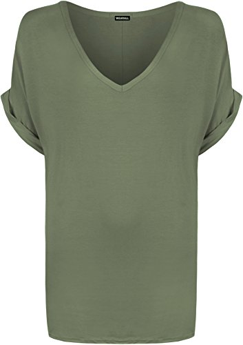 WearAll - Damen Neu Plus Grosse Damen Kurz Wende Nach Oben Hülle Ausgebeult Ebene Top Damen V-Ausschnitt T-Shirt - Kaki - 48-50 von WearAll