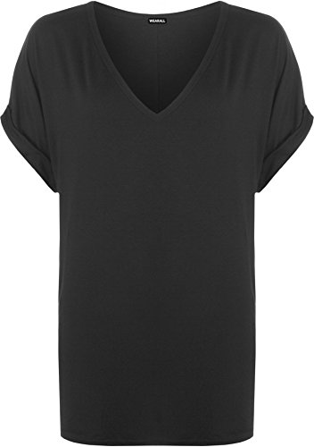 WearAll - Damen Neu Plus Grosse Damen Kurz Wende Nach Oben Hülle Ausgebeult Ebene Top Damen V-Ausschnitt T-Shirt - Schwarz - 48-50 von WearAll