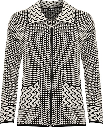 WearAll - Damen Plus Damen Lang Hülle Kabel Gestrickt Strickjacke Damen Reißverschluss Tasche Kragen - Schwarz Weiß - 48-50 von WearAll