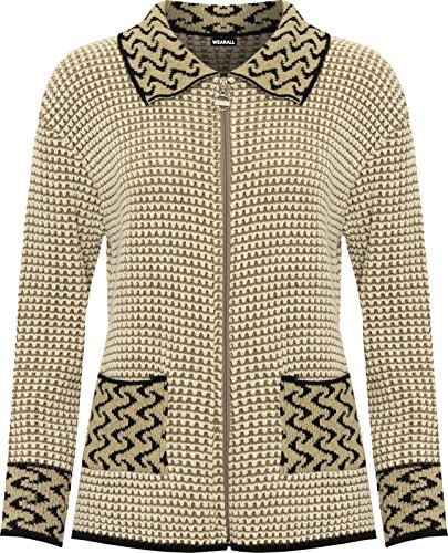 WearAll - Damen Plus Damen Lang Hülle Kabel Gestrickt Strickjacke Damen Reißverschluss Tasche Kragen - Stein Creme - 48-50 von WearAll