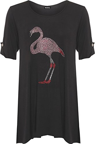 WearAll Damen Plus Diamante Flamingo Top Damen Druck Kurz Hülle Schaukel Abgefackelt T-Shirt - Schwarz - 54-56 von WearAll