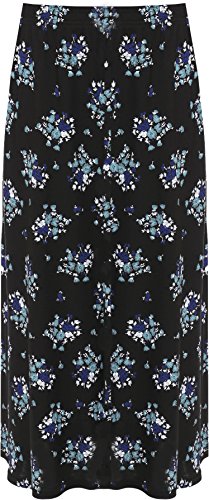 WearAll Damen Plus Elastische Taille Rock Damen Strecke Blumen Druck Midi- Lang - Schwarz Blau - 52-54 von WearAll