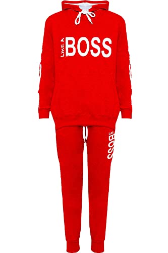 WearAll Damen Plus Like Boss Print Hood Sweatshirt Top Jogginghose Damen Trainingsanzug 14-28, rot, 42 von WearAll