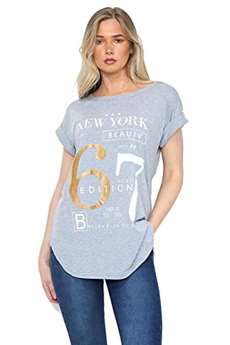 WearAll Damen Plus New York Slogan Print Kurzarm Rundhals T-Shirt Damen Top 14-28 Gr. 48-50, silbergrau von WearAll