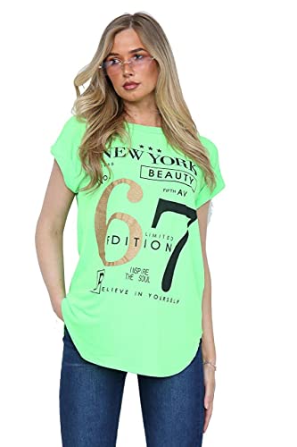 WearAll Damen Plus New York Slogan Print Kurzarm Rundhals T-Shirt Damen Top 14-28 Gr. 52-54, grün von WearAll