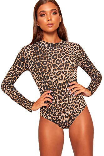 WearAll - Damen Rollkragen Lang Hülle Tier Camo Schottenkaro Druck Bodysuit Damen Trikot - Braun Leopard - 36-38 von WearAll