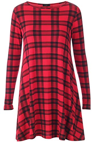 WearAll Damen Swing-Kleid mit langen Ärmeln, Stretch, Übergröße, Größe 42-54 Gr. 50-52, Rotes Tartan-Muster von WearAll