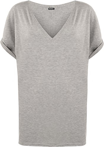 WearAll Damen-T-Shirt, Übergröße, kurz, umgeschlagene Ärmel, V-Ausschnitt, Gr. 36-50 Gr. 38-40, hellgrau von WearAll