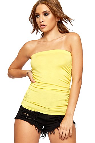 WearAll - Damen Trägerlos Geraffte Ärmellos Einfarbig Bandeau Top - Gelb - 40-42 von WearAll