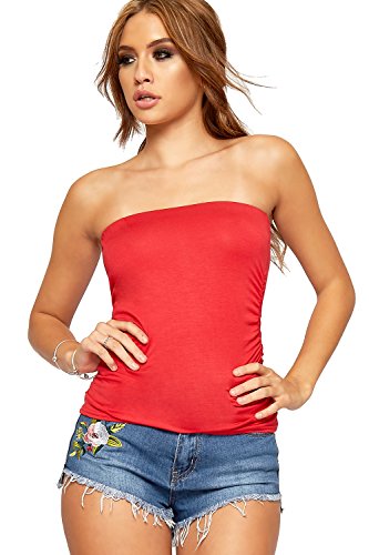 WearAll - Damen Trägerlos Geraffte Ärmellos Einfarbig Bandeau Top - Rot - 36-38 von WearAll